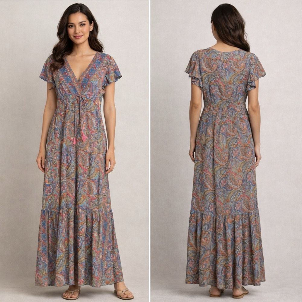 Bigg Bull Silk Blend Paisley Maxi Dress Flutter Sleeve Boho Whimsigoth